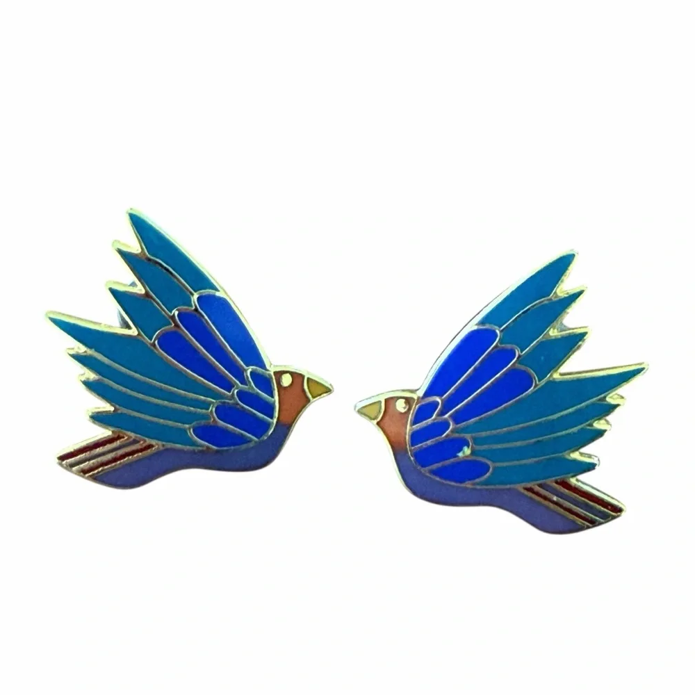 Laurel Burch Celeste Bird Earrings Blue Enamel Gold Tone Signed Vintage